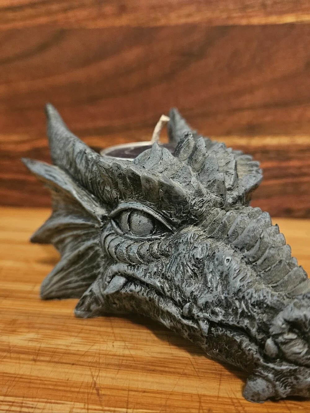Gothic Dragon Head Tealight Candle Holder | 5” Grey Stone Finish Resin Figurine